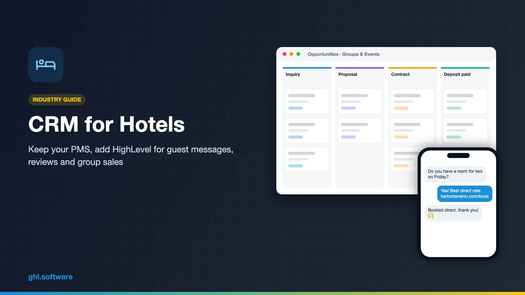 CRM for hotels cover with a group sales pipeline and guest WhatsApp messages