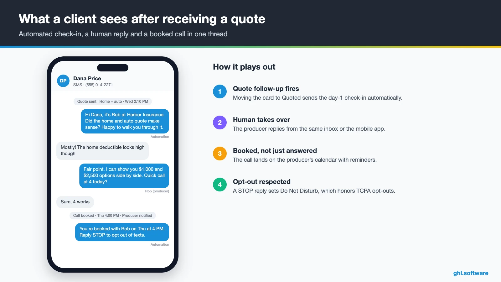 SMS thread where an insurance client books a quote review call with a producer