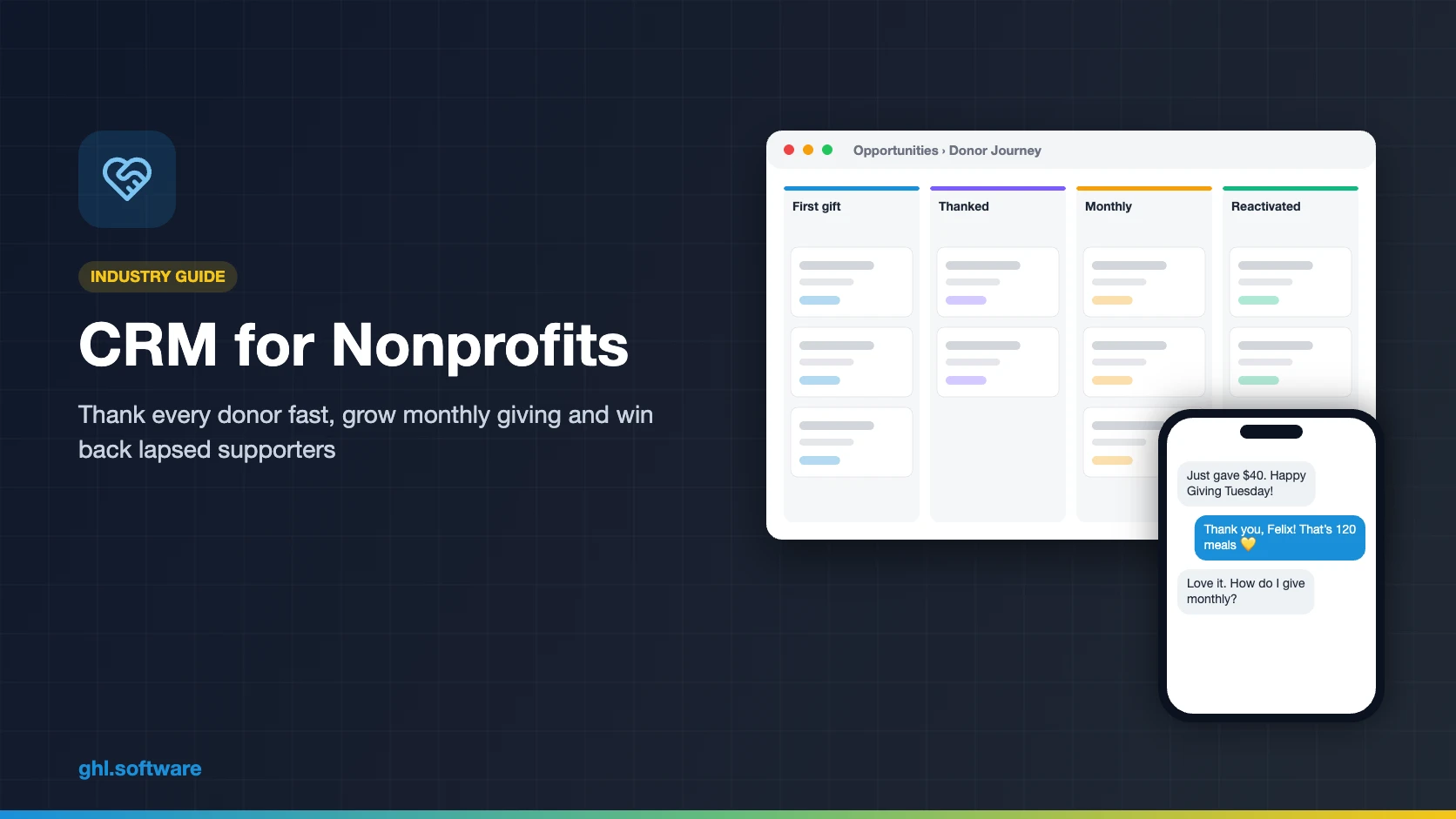 CRM for nonprofits cover with a donor journey pipeline and thank-you messages
