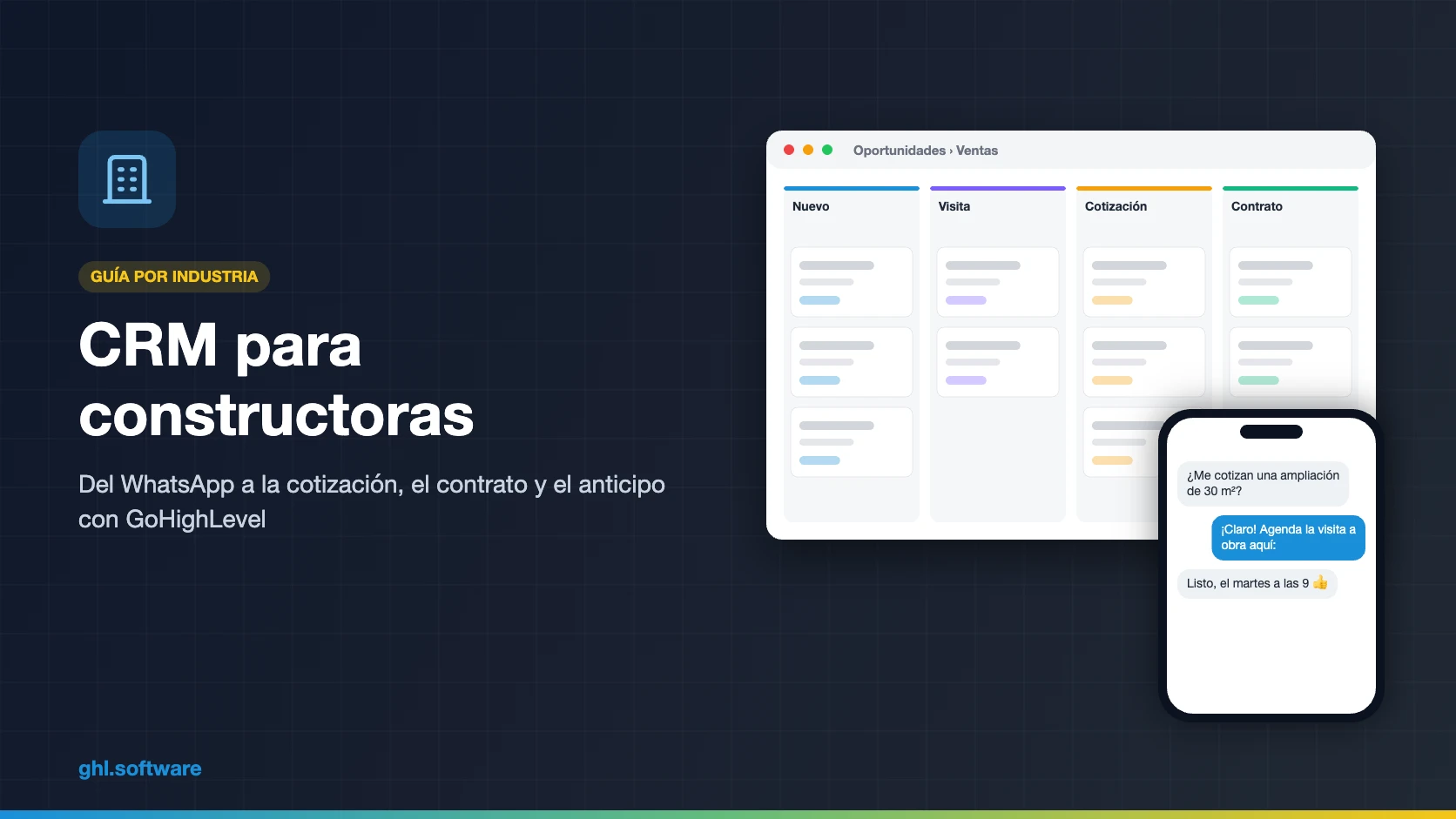 CRM para constructoras con pipeline de ventas y conversación de WhatsApp con un cliente