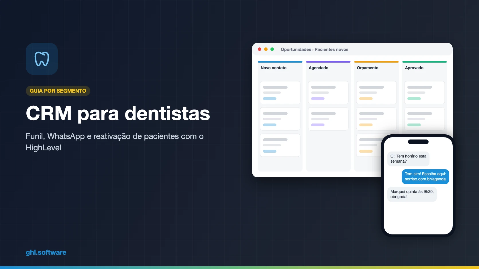Capa de CRM para dentistas com funil de pacientes e conversa de WhatsApp no HighLevel