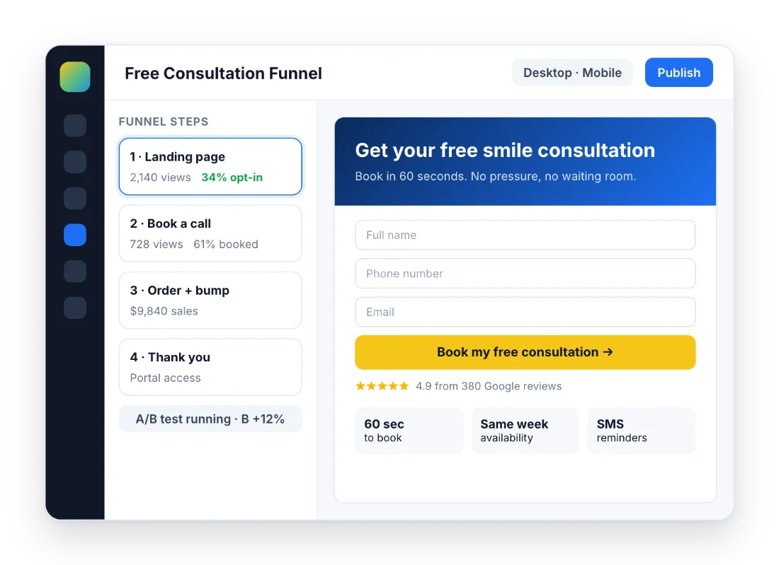 Illustration of the GoHighLevel funnel builder with funnel steps, conversion stats and a landing page preview