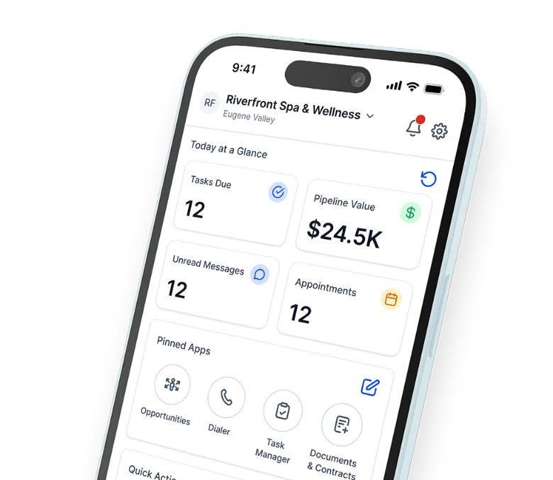 HighLevel mobile app showing tasks, pipeline value, unread messages and appointments