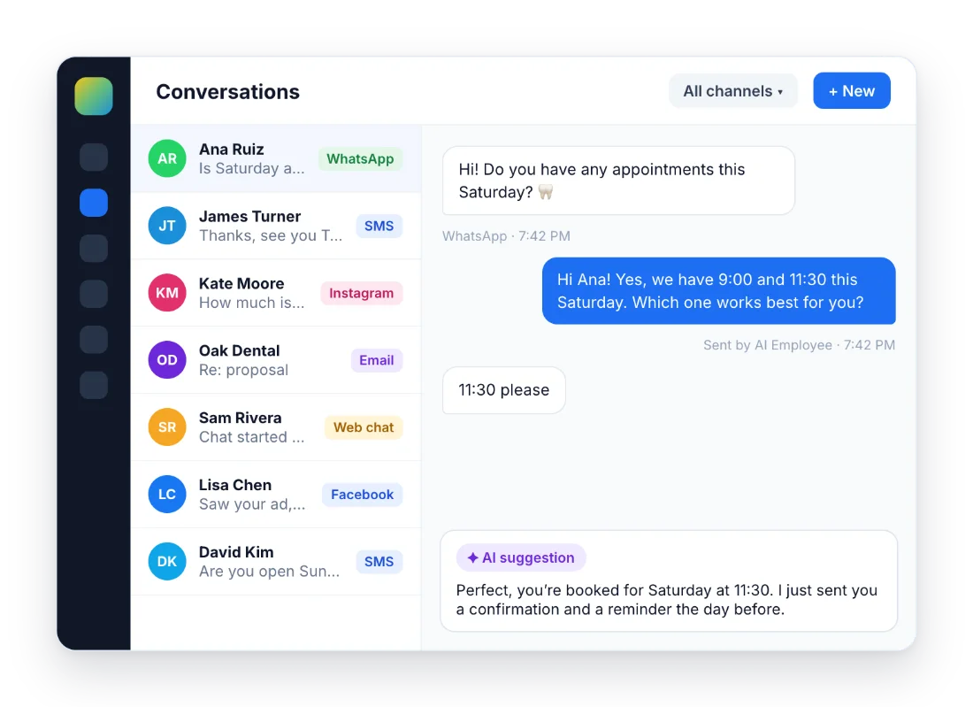 Illustration of the GoHighLevel unified inbox with WhatsApp, SMS, Instagram, Facebook, email and web chat conversations