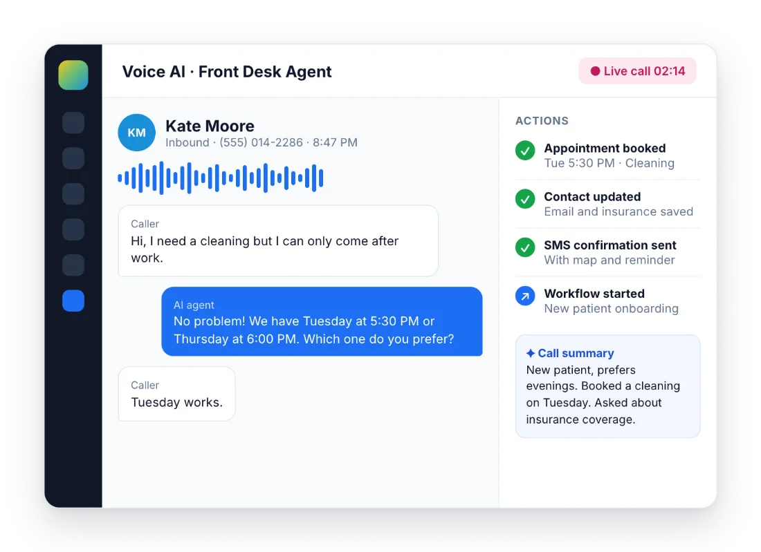 Illustration of a GoHighLevel Voice AI call with live transcript and actions: appointment booked, contact updated, SMS sent