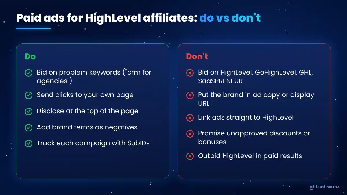 Do and don't list for GoHighLevel affiliate paid ads: brand bidding, ad copy, direct linking, landing pages