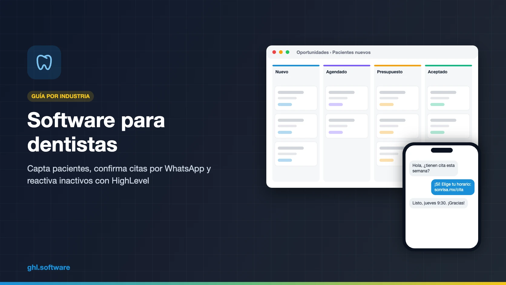 Portada de software para dentistas con pipeline de pacientes y chat de WhatsApp en HighLevel